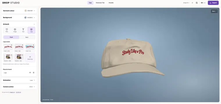 Clothing Drop Studio with its apparel design controls and a cap mockup